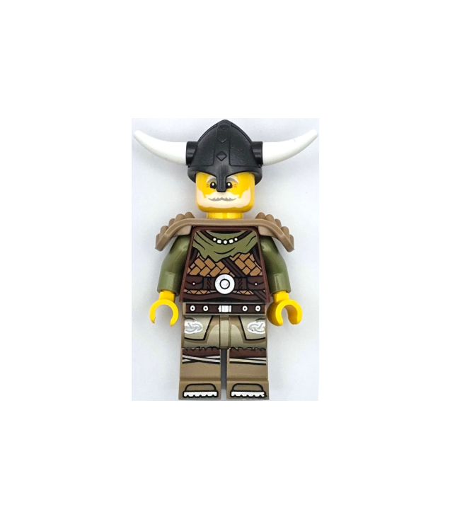 LEGO - Vikingleider – man, leren harnas, donkerzandkleurige benen met tuniek, donkergrijze helm, schouderpantser - | N