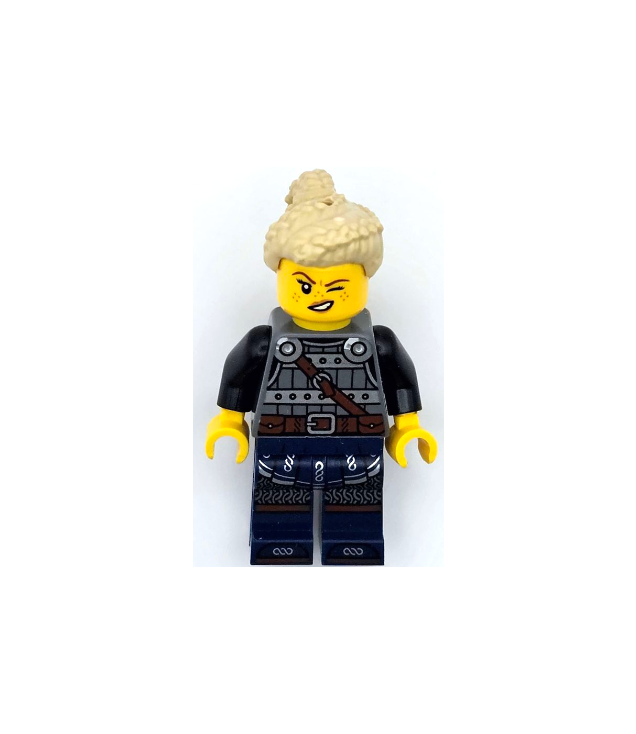 LEGO - Viking-schildmaagd – donkergrijs en zilverkleurig harnas, donkerblauwe benen met rand, zandkleurig haar - | N