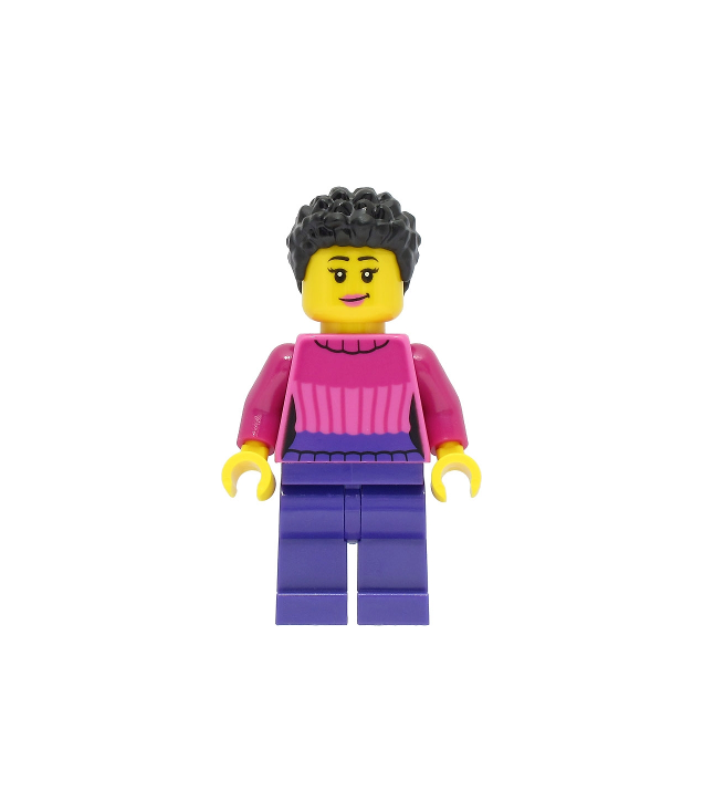 LEGO - Autobestuurder – vrouw, donkerroze trui, donkerpaarse benen, zwart haar - | N