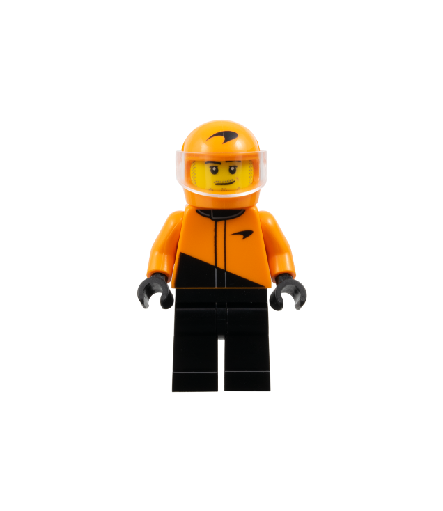 LEGO - Formule 1-coureur McLaren – man, zwart-oranje racepak, oranje helm met transparant vizier, stoppels - | N