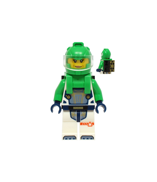 LEGO - Astronaut – vrouw, wit ruimtepak met felgroene armen, helm en rugzak met zonnepaneel en clipplaat - | N