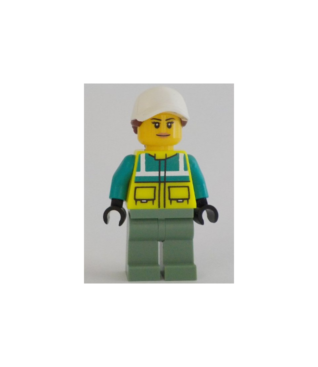 LEGO - Ambulancechauffeur – vrouw, donkerturquoise en geel veiligheidsvest, zandgroene benen, witte pet met roodbruine paardenstaart - | N