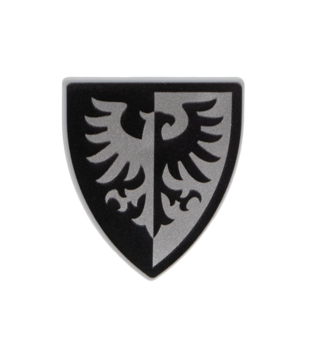 LEGO - Minifiguur-schild driehoekig met zwarte en zilveren valk en zwarte rand - Light Bluish Gray | N