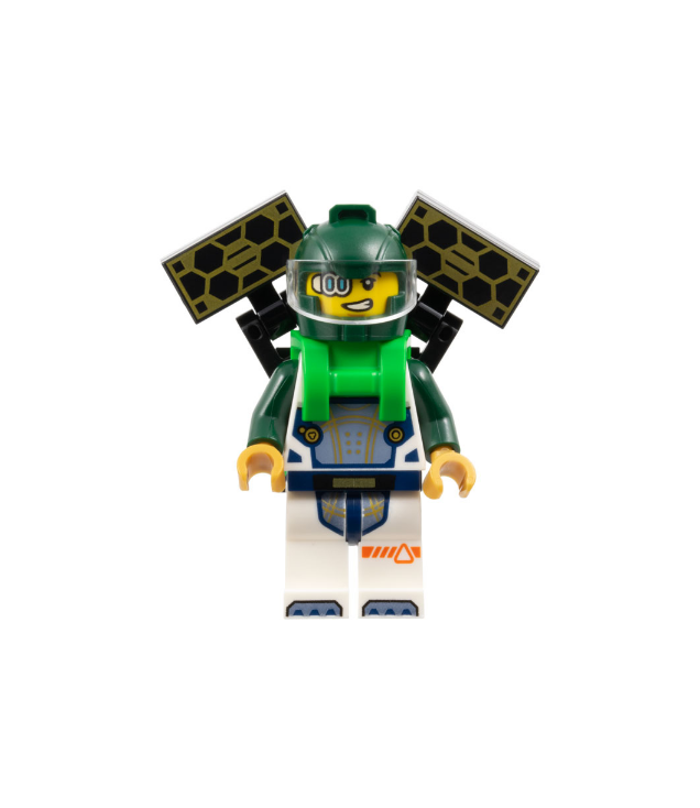LEGO - Astronaut – man, wit ruimtepak met donkergroene armen en helm, felgroene rugzak met zonnepanelen - | N