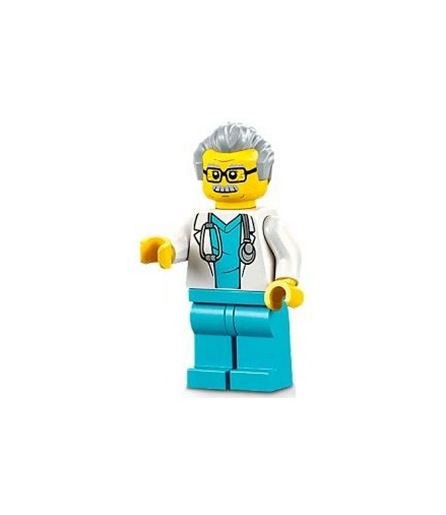 LEGO - Dokter – man, witte laboratoriumjas met stethoscoop, midden-azuur uniform, lichtgrijs haar, bril - | N