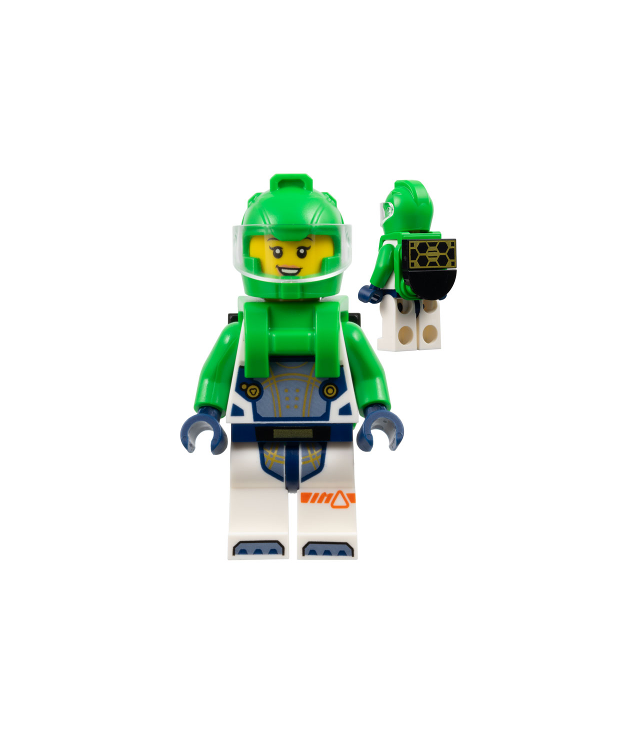 LEGO - Astronaut – vrouw, wit ruimtepak met felgroene armen, helm en rugzak met zonnepaneel - | N