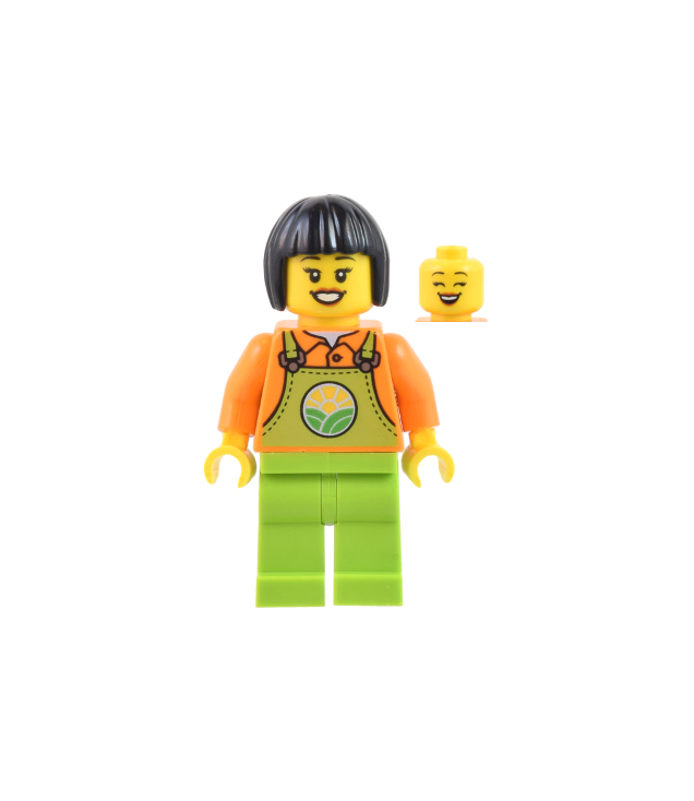LEGO - Boerin – limoenkleurige overall over oranje shirt, limoenkleurige benen, kort zwart haar - | N