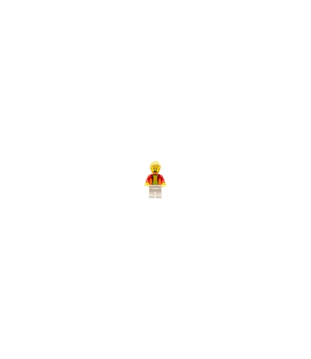 LEGO - Dynamo Doug – Stuntz-presentator, rood jack over limoenkleurig shirt, witte benen, lichtgeel stekelig haar - | N