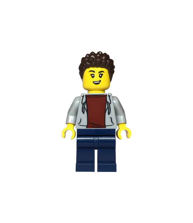 LEGO - Sportautocoureur – vrouw, lichtgrijze hoodie met donkerrood shirt, donkerblauwe benen, donkerbruin haar - | N
