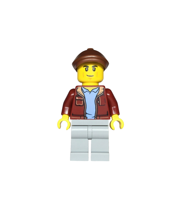 LEGO - Autotransportchauffeur – man, donkerrood jack, lichtgrijze benen, roodbruine pet - | N