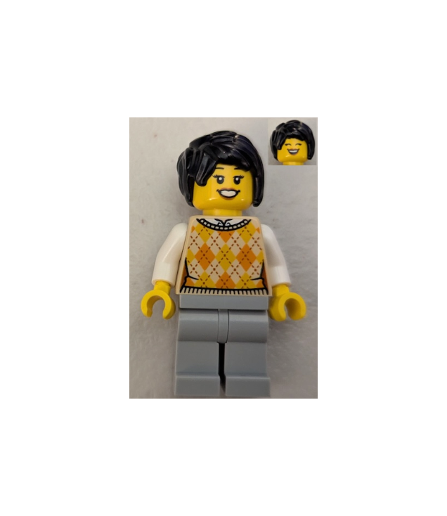 LEGO - Hotdogkraam-klant – vrouw, zandkleurig ruitjesvest, lichtgrijze benen, zwart haar - | N