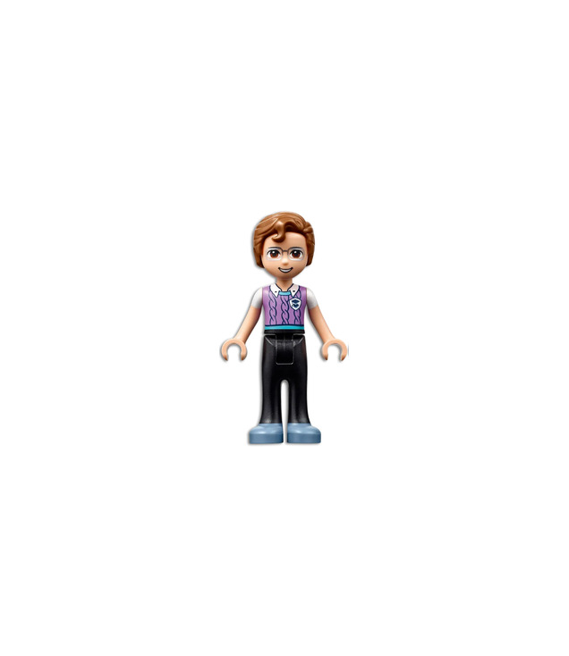 LEGO - Friends Julian – zwarte broek, lavendelkleurig vest met blauwe rand over wit T-shirt, zandblauwe schoenen - | N