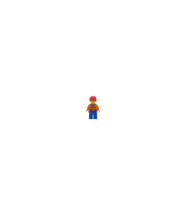 LEGO - Bouwvakker – vrouw, oranje veiligheidsjas met reflectiestreep, zandblauwe hoodie, blauwe benen, rode bouwhelm met donkerbruine paardenstaart, veiligheidsbril - | N