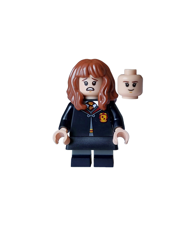 LEGO - Hermelien Griffel – vastgespelde Griffoendor-robe, zwarte rok, korte zwarte benen met donkergrijze strepen, open mond geschrokken / gesloten glimlach - | N