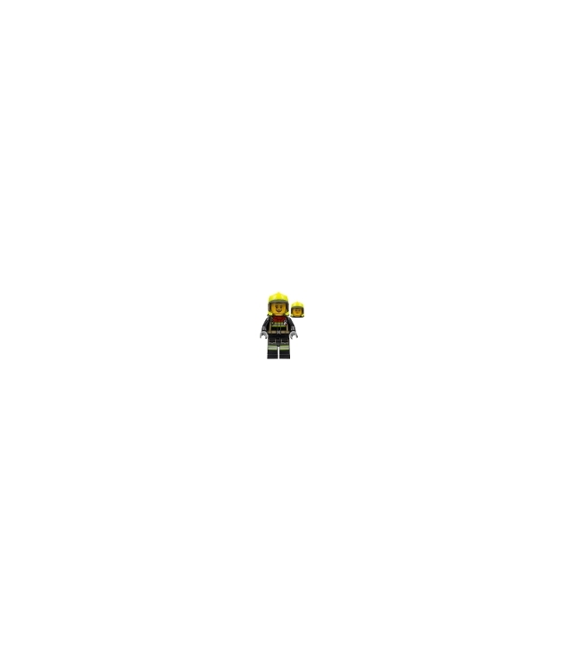 LEGO - Brandweer – vrouw, zwarte jas en benen met reflecterende strepen en rode kraag, gele brandweerhelm met bruin vizier (Sarah Feldman) - | N