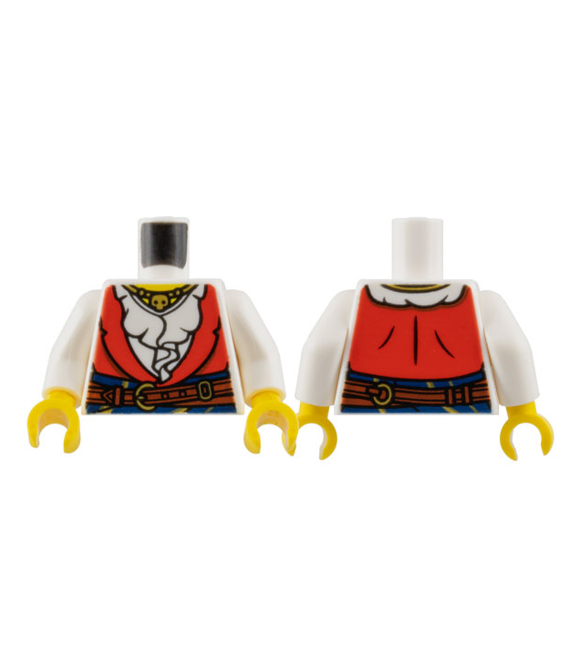 LEGO - Torso vrouwelijke piraat, rood vest over geplooid shirt, donkerblauwe sjerp met gouden strepen, roodbruine riem met gespen, ketting met kralen en schedel / witte armen / gele handen - White | N