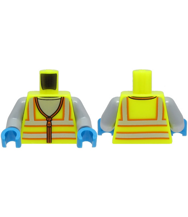 LEGO - Torso veiligheidsvest met rits en zilver-oranje reflectiestrepen over lichtgrijs shirt / lichtgrijze armen / donkerblauwe handen - Neon Yellow | N