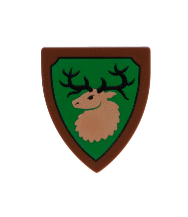 LEGO - Minifiguur-schild driehoekig met bosmannen hertenkop op groene achtergrond met zwarte rand - Reddish Brown | N