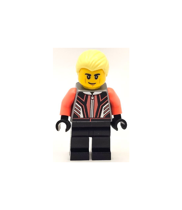 LEGO - Raceautocoureur – man, zwart en koraalkleurig racepak, zwarte benen, lichtgeel haar - | N
