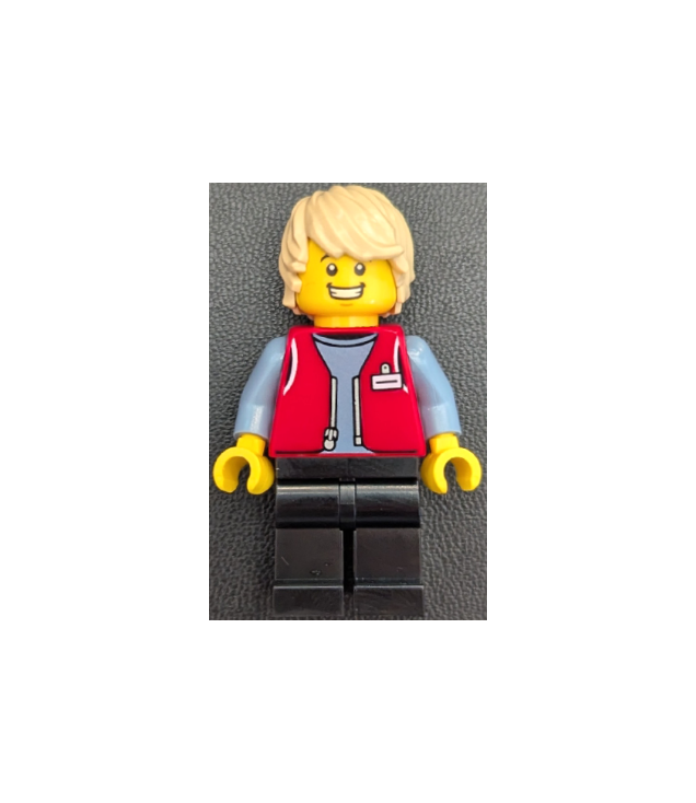 LEGO - Heftruckchauffeur – man, rood vest over zandblauw shirt, zwarte benen, zandkleurig haar - | N