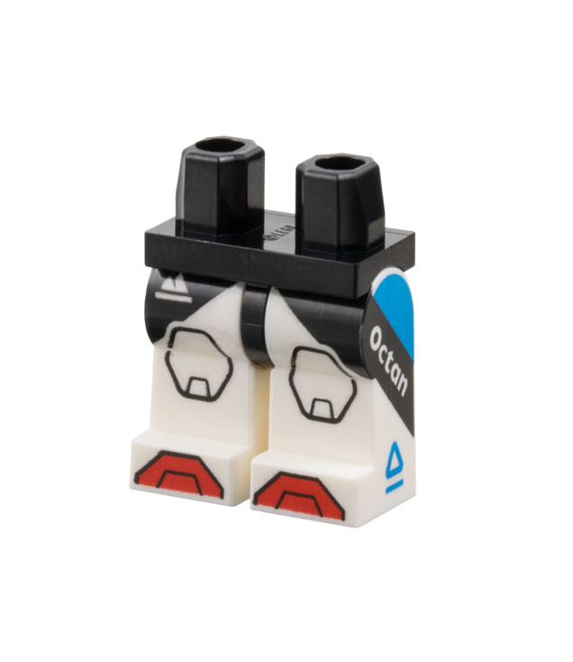 LEGO - Heupen en witte benen met sportberglogo, zwarte vlakken en kniebeschermers, rode tenen en donkerblauw driehoek- en 'Octan'-patroon aan zijkanten - Black | N