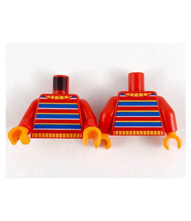LEGO - Torso trui met lichtoranje kraag, geel-blauw-wit strepenpatroon / rode armen / oranje handen - Red | N