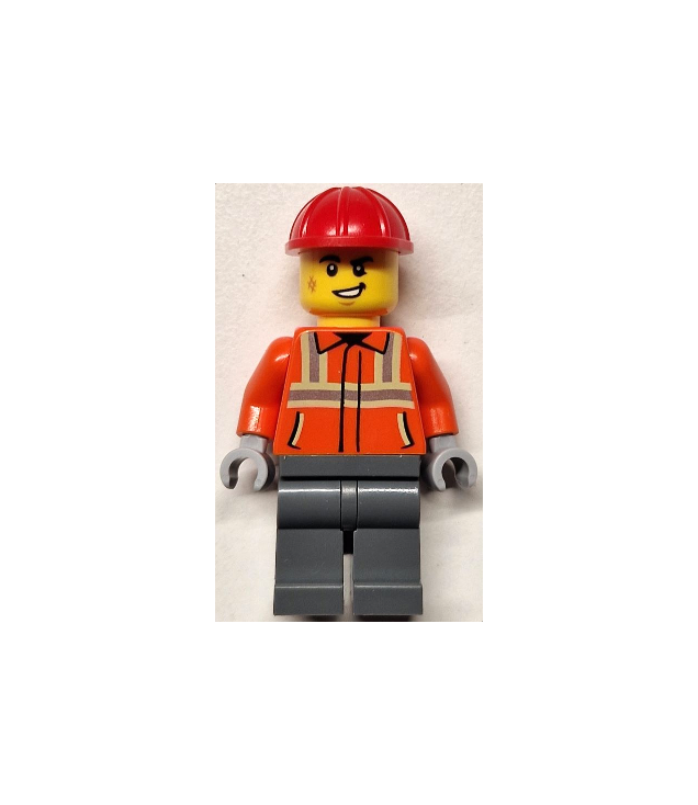 LEGO - Bouwvakker – man, oranje veiligheidsjas met reflectiestrepen, donkergrijze benen, rode bouwhelm - | N