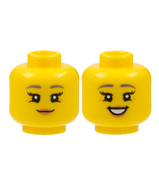 LEGO - Minifiguur-hoofd dubbelzijdig vrouwelijk, donkergrijze wenkbrauwen, zwarte wimpers, nougat lippen, glimlach / open mond met tanden – holle nop - Yellow | N