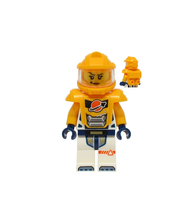 LEGO - Astronaut – vrouw, wit ruimtepak met oranje armen, helm en pantser met goudstaaf - | N