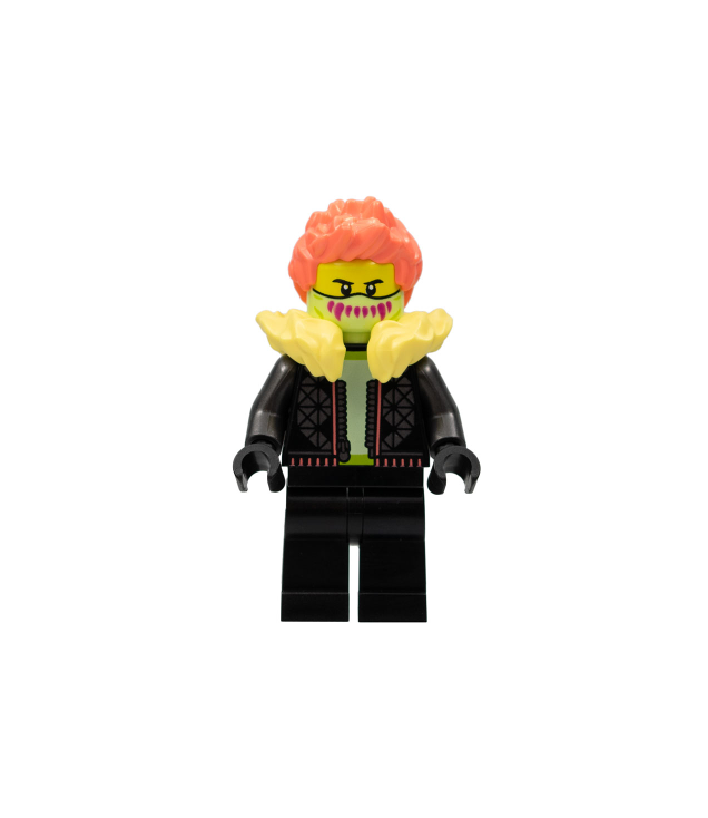 LEGO - Stuntz-coureur – man, zwarte jas en benen, lichtgele bontkraag, koraalkleurig stekelig haar, geelgroen masker - | N