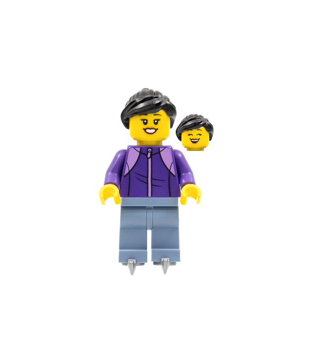 LEGO - Vrouw – zwart haar, donkerpaarse jas, zandblauwe benen, schaatsen - | N