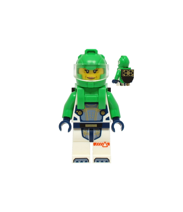 LEGO - Astronaut – vrouw, wit ruimtepak met felgroene armen, helm en rugzak met zonnepaneel, gesloten mond - | N