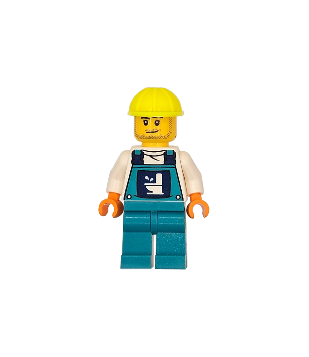LEGO - Zeepkistrace-coureur (loodgieter) – man, donkergroenblauw overall met toiletlogo, gele bouwhelm, stoppelbaard - | N