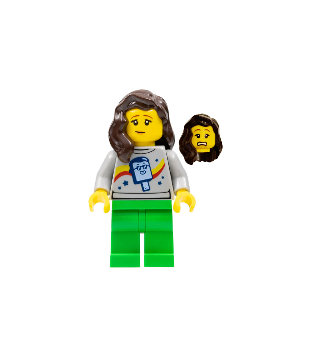 LEGO - Stuntz-toeschouwer – vrouw, ijslolly-shirt, felgroene benen, donkerbruin haar - | N