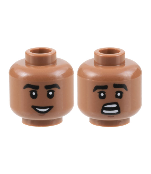 LEGO - Minifiguur-hoofd dubbelzijdig, dikke zwarte wenkbrauwen, kin-kuiltje, lach met tanden / geschrokken gezicht – holle nop - Medium Brown | N