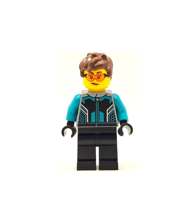 LEGO - Raceautocoureur – vrouw, zwart en donkergroenblauw racepak, zwarte benen, roodbruin haar, veiligheidsbril - | N