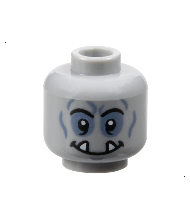 LEGO - Minifiguur-hoofd buitenaardse orc, zwarte wenkbrauwen, zandblauwe oogschaduw, kin-kuiltje, rimpels en brede lach met onderste slagtanden – geventileerde nop - Light Bluish Gray | N