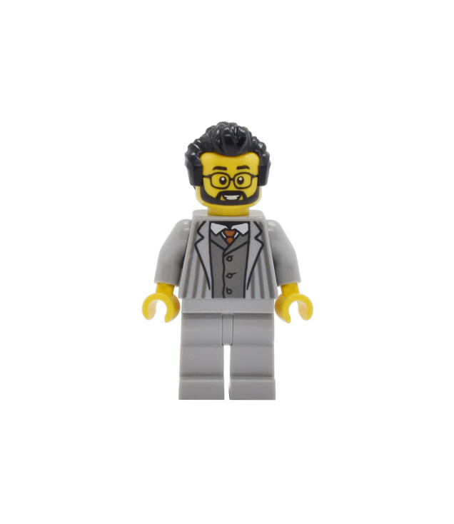 LEGO - Tudorhuis-kledingwinkel-eigenaar – lichtgrijs jasje met krijtstrepen en benen, zwart haar - | N