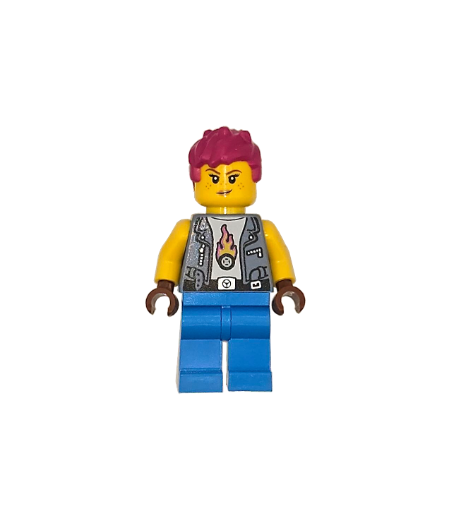 LEGO - Zeepkistrace-monteur – vrouw, zandblauw vest, donkerblauwe benen, magentakleurig warrig haar, sproeten - | N