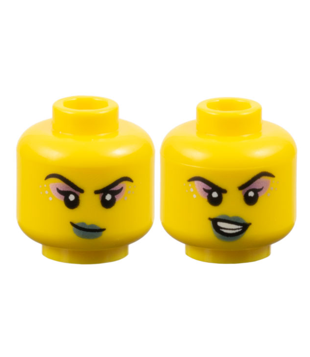 LEGO - Minifiguur-hoofd dubbelzijdig vrouwelijk, zwarte wenkbrauwen, enkele wimpers, metallic roze oogschaduw, zilveren stippen, lichtblauwe lippen, glimlach / scheve lach met tanden – geventileerde nop - Yellow | N