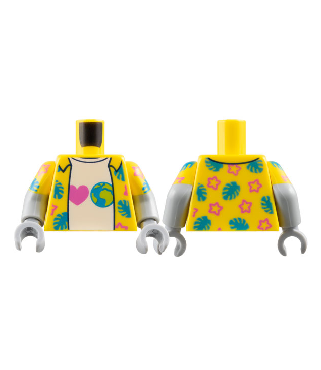 LEGO - Torso open Hawaï-shirt met donkerblauwe bladeren en roze sterren over wit T-shirt met hart-en-aarde-patroon / lichtgrijze armen met gegoten gele korte mouwen en bedrukt blad- en sterrenpatroon / lichtgrijze handen - Yellow | N