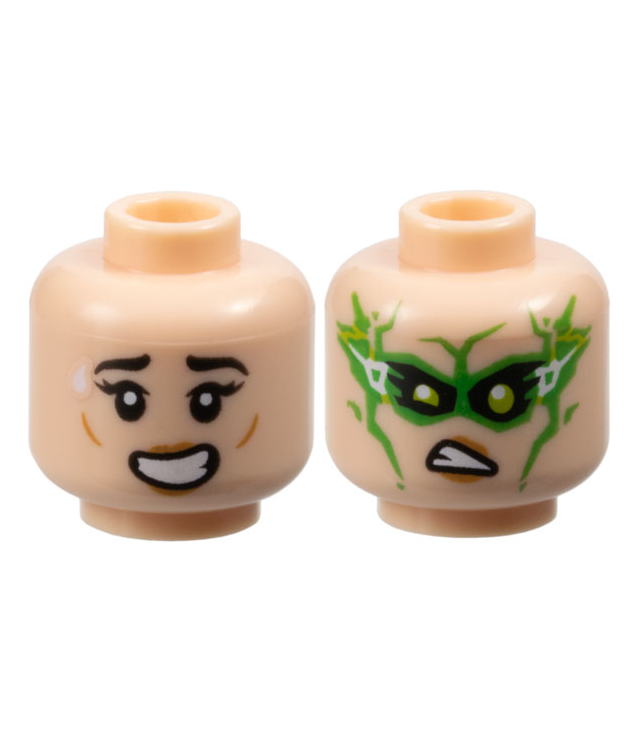 LEGO - Minifiguur-hoofd dubbelzijdig vrouwelijk, zwarte wenkbrauwen, nougat lippen, open mond met tanden, glimlach / frons, lime ogen, felgroen masker met witte bliksems – geventileerde nop - Light Nougat | N