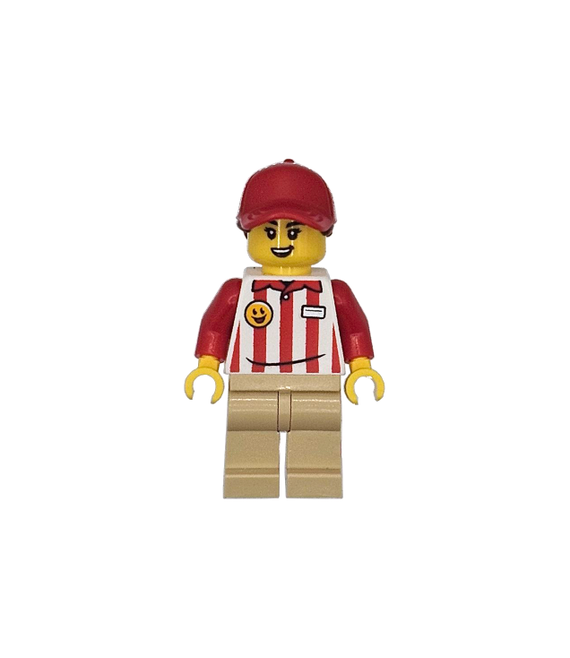 LEGO - Hotdog-zeepkistrace-coureur (verkoper) – vrouw, rood-wit gestreept shirt, zandkleurige benen, rode pet met roodbruine paardenstaart - | N