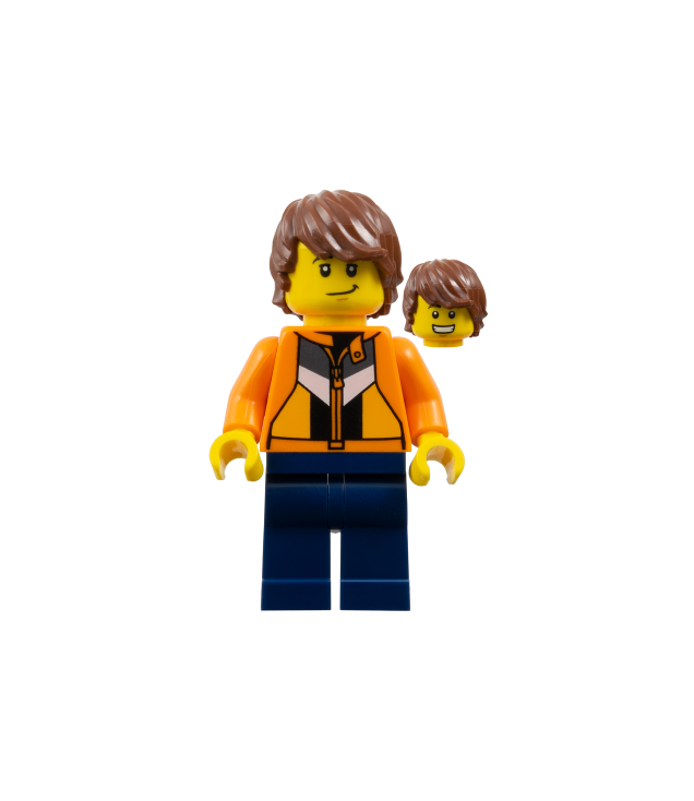 LEGO - Zeepkistrace-verslaggever – man, oranje jack met panelen en rits, donkerblauwe benen, roodbruin warrig haar - | N
