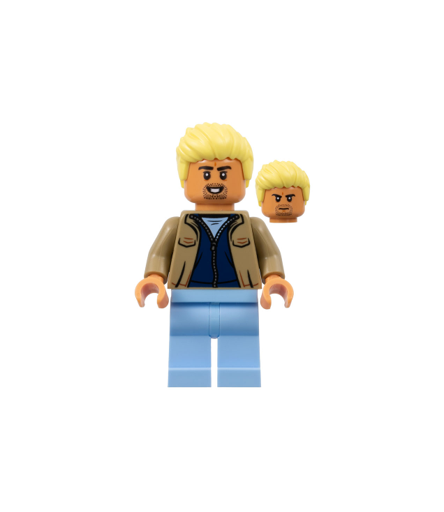 LEGO - Voetbalsupporter – lagen jassen in zand- en donkerblauw, lichtblauwe benen, lichtgeel stekelig haar omhoog - | N