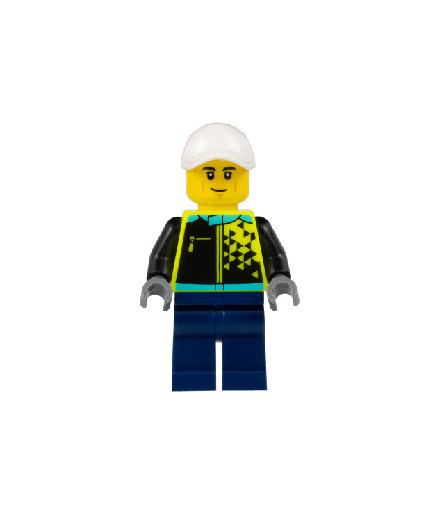 LEGO - Sportautocoureur – man, witte pet, gele jas, donkerblauwe benen - | N