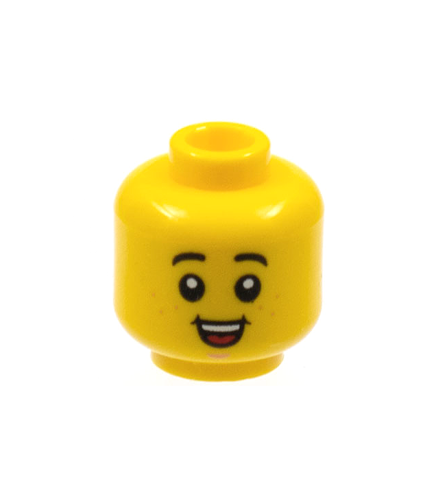 LEGO - Minifiguur-hoofd kind met zwarte wenkbrauwen, nougat sproeten en kin-kuiltje, lach met tanden en rode tong – holle nop (3626cpb2727) - Yellow | N