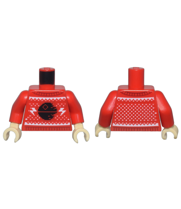 LEGO - Torso gebreide feesttrui met zwarte Death Star II, witte afwerking en bliksems / rode armen / zandkleurige handen - Red | N