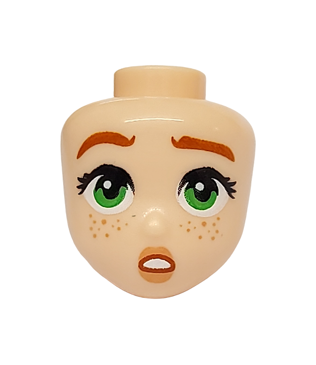 LEGO - Mini-pop-hoofd met donkeroranje wenkbrauwen, groene ogen, nougat lippen, sproeten en verbaasde lach met tanden - Light Nougat | N