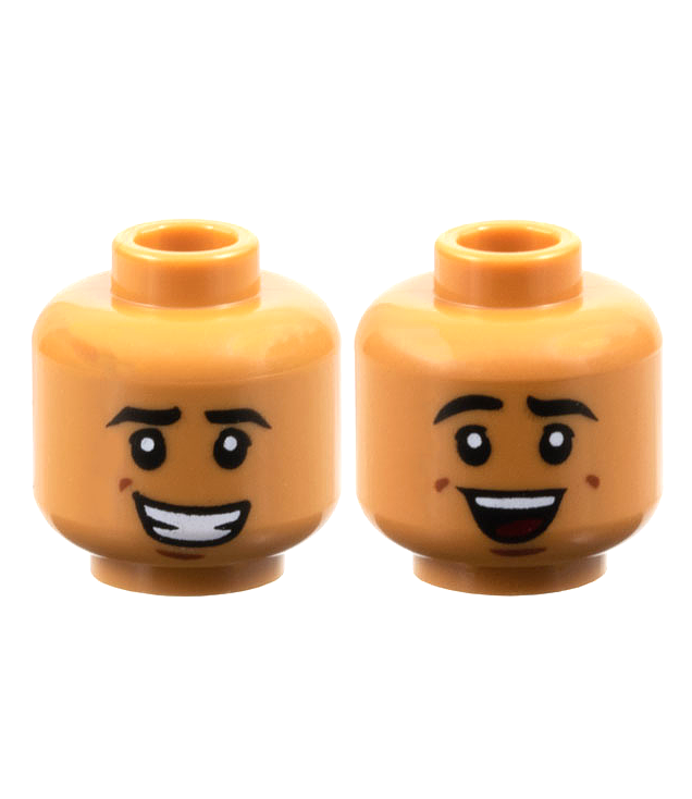 LEGO - Minifiguur-hoofd dubbelzijdig, zwarte wenkbrauwen, roodbruine kuiltjes, scheve lach met tanden / lachend met rode tong – geventileerde nop - Medium Nougat | N